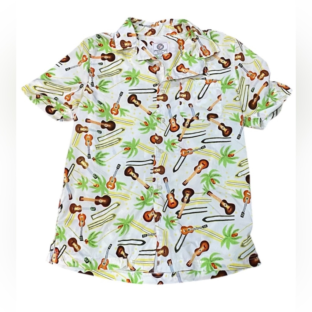 ONE RESOLUTION Floral & Guitar Hawaiian Shirt SMALL ~